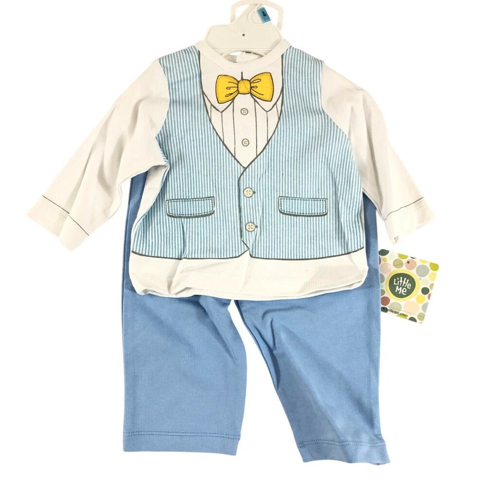 Little Me Baby Boys Novelty Outfit Top Pants Vest Tie Print Blue White Size 6M